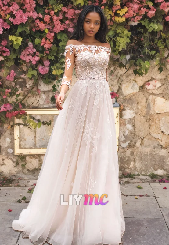 Must-Have Deals Off-Shoulder Long Sleeves Lace Appliques Tulle A-Line Wedding Dress