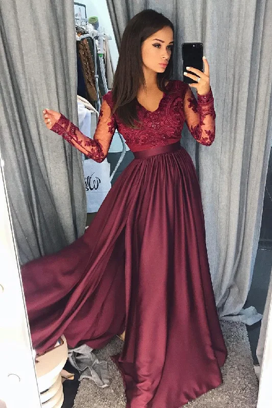 Super Deal Long Sleeve V-Neck Side Slit Prom Dresses with Lace Appliques N623