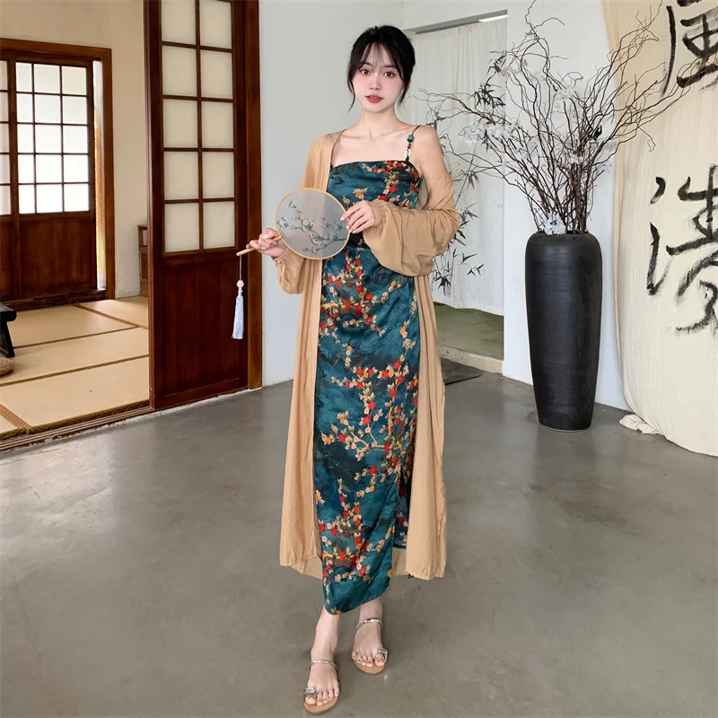 Limited Quantity Plus Size Oriental Modern Drape Dress and Long Cardigan Set