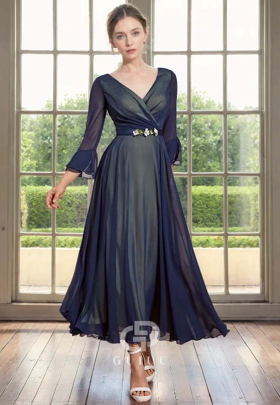 Daily Deals A-Line V Neck34 Length Sleeves Pleated Tea Length Chiffon Mother of Bride Dress with Belt Daily Deals A-Line V Neck34 Length Sleeves Pleated Tea Length Chiffon Mother of Bride Dress with Belt