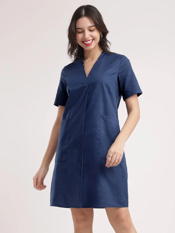 Huge Discounts Linen Shift Dress - Navy Blue