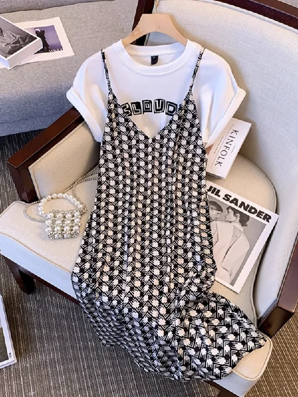 Crazy Deals Plus Size T Shirt and Print Camisole Dress Matching Set