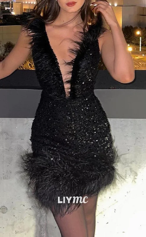Limited Quantity LY308 - V-Neck Sleeveless Feathered Sheath Sequins Sparkly Short Homecoming Dress Limited Quantity LY308 - V-Neck Sleeveless Feathered Sheath Sequins Sparkly Short Homecoming Dress