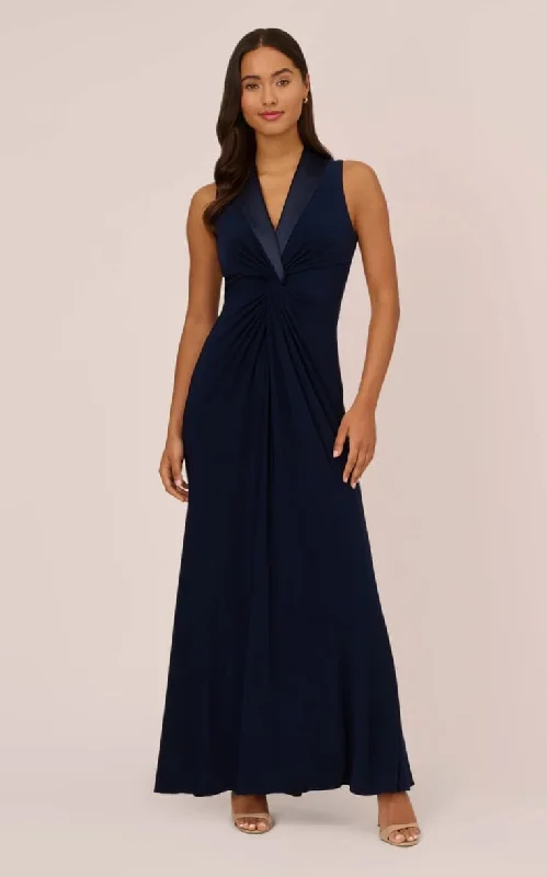 Discount Extravaganza Adrianna Papell- Matte Jersey Twist Front Tuxedo Gown in Midnight