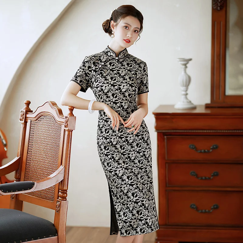 Bonus Savings (M-5Xl) Plus Size Mod Vintage Black Cheongsam Dress