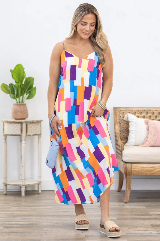 Huge Discounts Purple Multicolor Square Print Maxi Dress