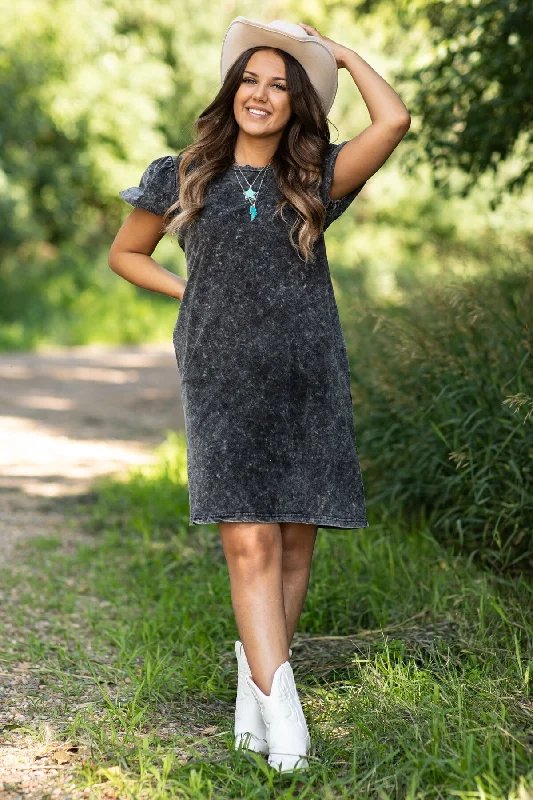 Early Bird Discount Black Washed Puff Sleeve Dress With Pockets