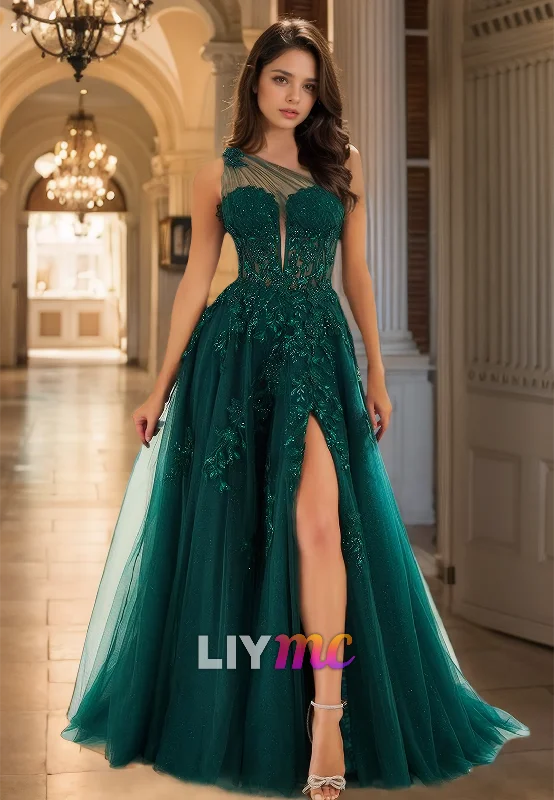 Limited Stock One Shoulder Sleeveless Appliques Tulle A-Line Prom Dress