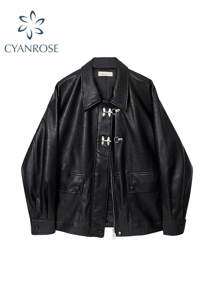Crazy Deals Znbbw Autumn Winter New PU Leather Jacket Women's Vintage Black Motorcycle Coat Female Korean Casual Loose Streetwear Outwear Crazy Deals Znbbw Autumn Winter New PU Leather Jacket Women's Vintage Black Motorcycle Coat Female Korean Casual Loose Streetwear Outwear