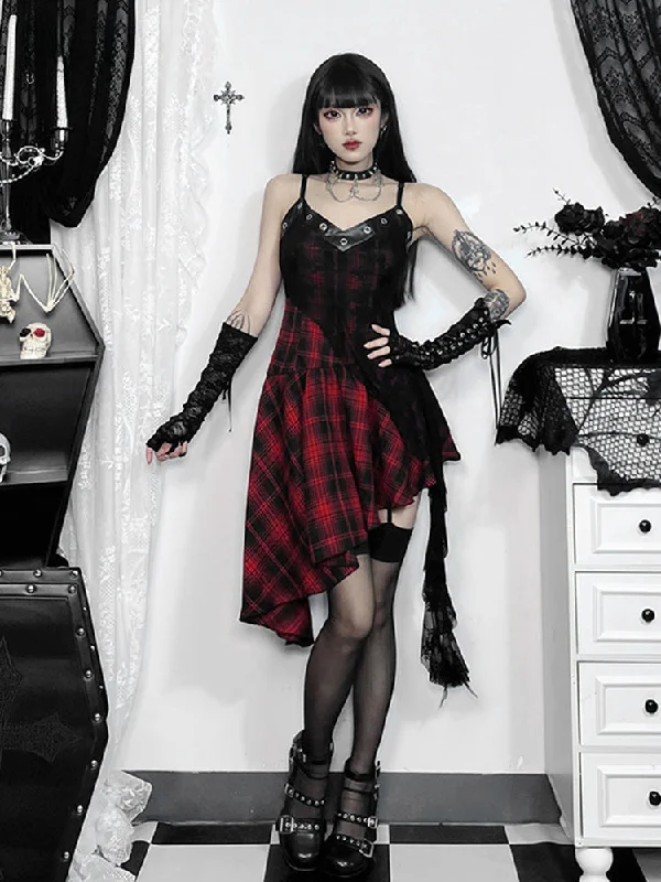 Savings Galore Gothic Irregular Red Plaid Lace Vintage Backless Patchwork Party Club Dress Savings Galore Gothic Irregular Red Plaid Lace Vintage Backless Patchwork Party Club Dress
