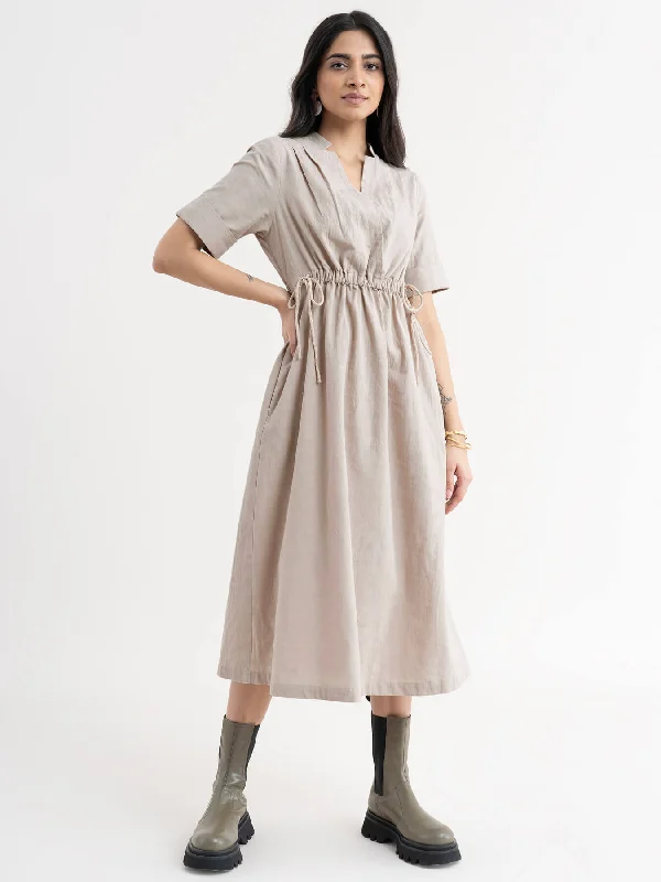 Amazing Deals Linen Dress With Elasticated Waist - Beige