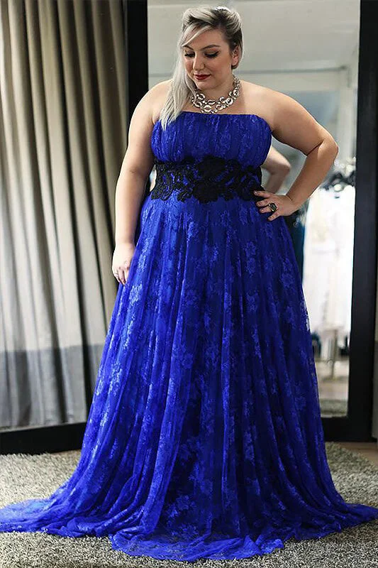 Holiday Sale Strapless Royal Blue Plus Size Lace Long Prom Dresses N539