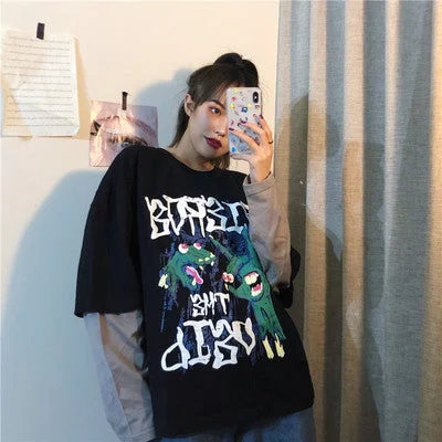Overstock Sale Spring sports fake two-piece hedging cartoon T-shirt women loose