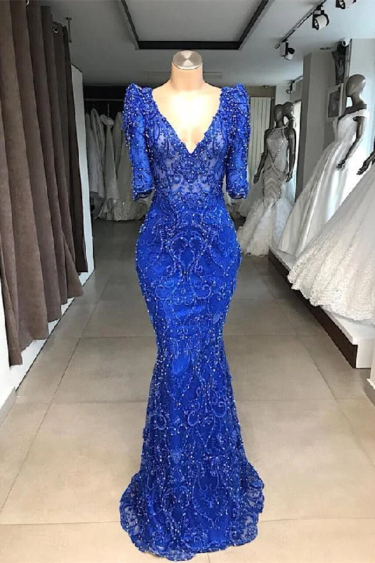 Price Drop Alert Royal blue Beaded Lace appliques 1/2 sleeve Mermaid Prom Party Gowns Price Drop Alert Royal blue Beaded Lace appliques 1/2 sleeve Mermaid Prom Party Gowns