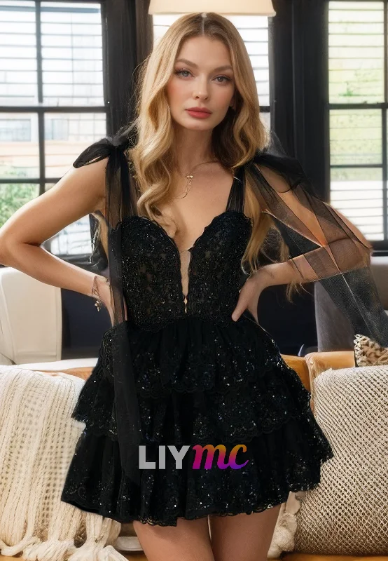 Hot Deal V-Neck Straps Tulle Appliques A-Line Short Homecoming Dress