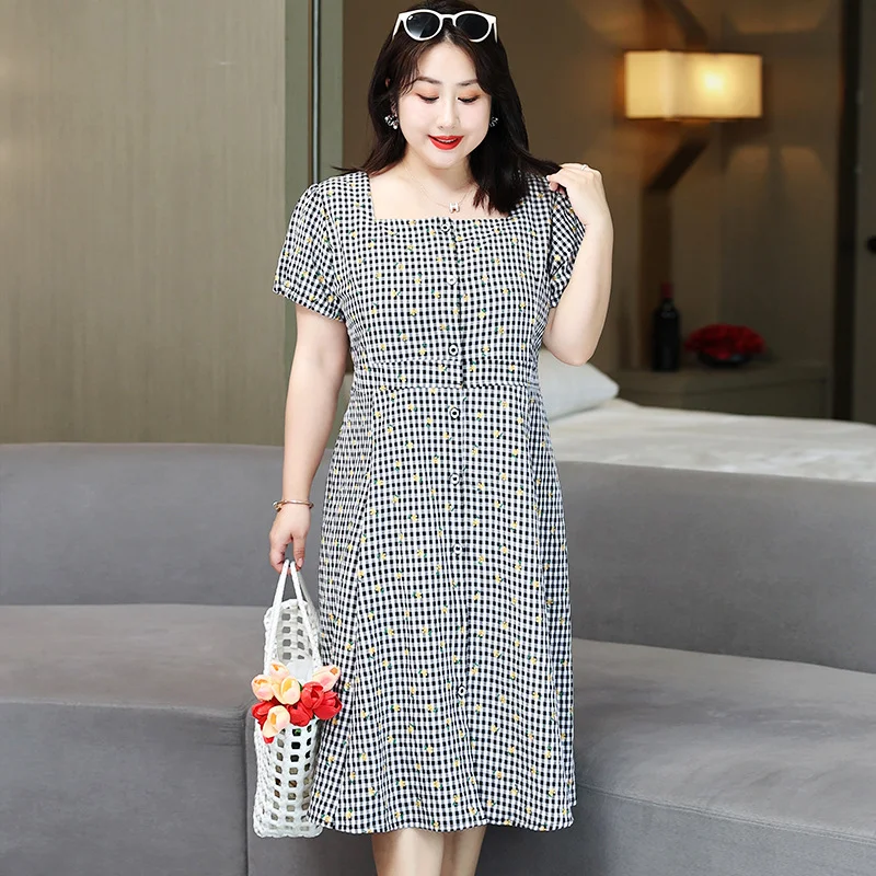 Deep Discounts (4XL-8XL) Plus Size Gingham Yellow Flowers Gingham Dress (Extra Big Size)
