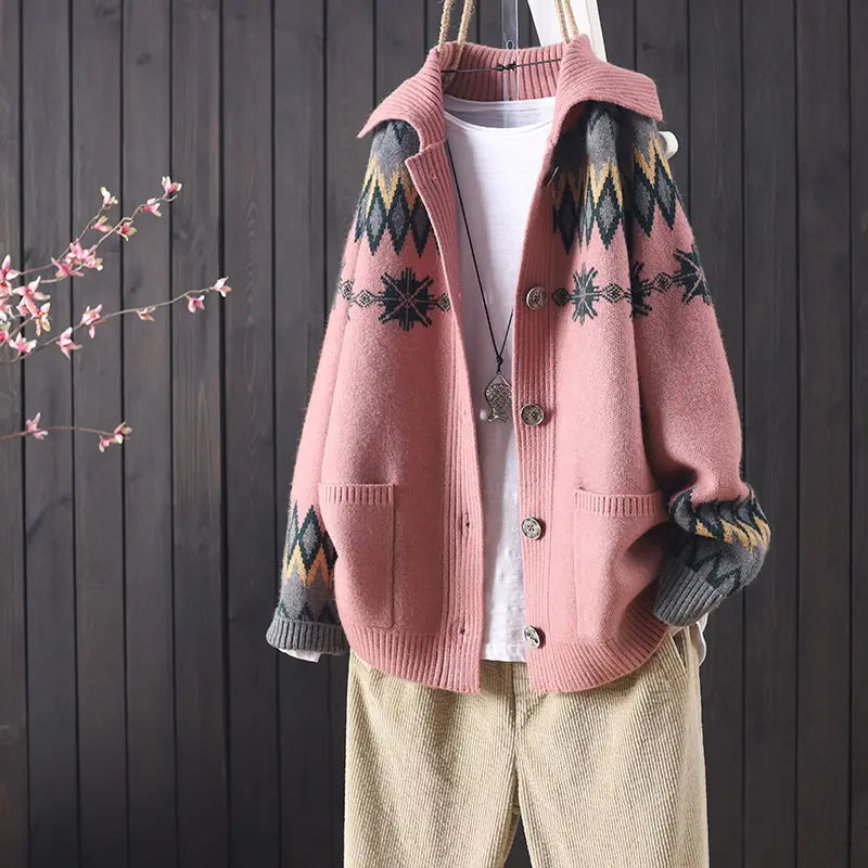 Weekend Deal Znbbw female autumn and winter knitted button jacquard pocket long sleeve knitted cardigan women commuter art sweater coat
