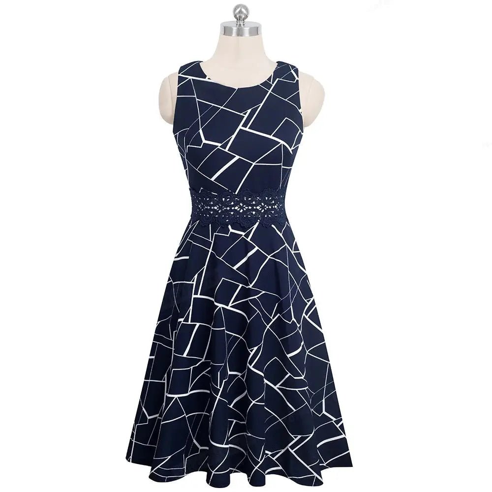 Savings Galore Vintage Dark Blue Elegant Floral Swing Dress