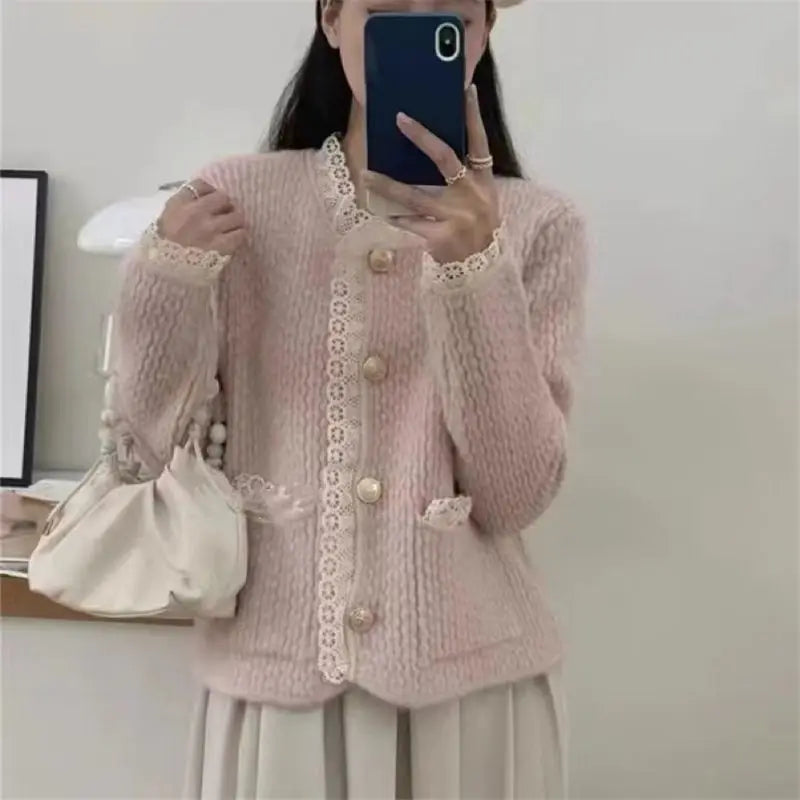 Super Sale Znbbw Sweater Women's Sweet Lace Splice Knitwear Coat Korean Academy Style Small Fresh Super Immortal Sweater Cardigan