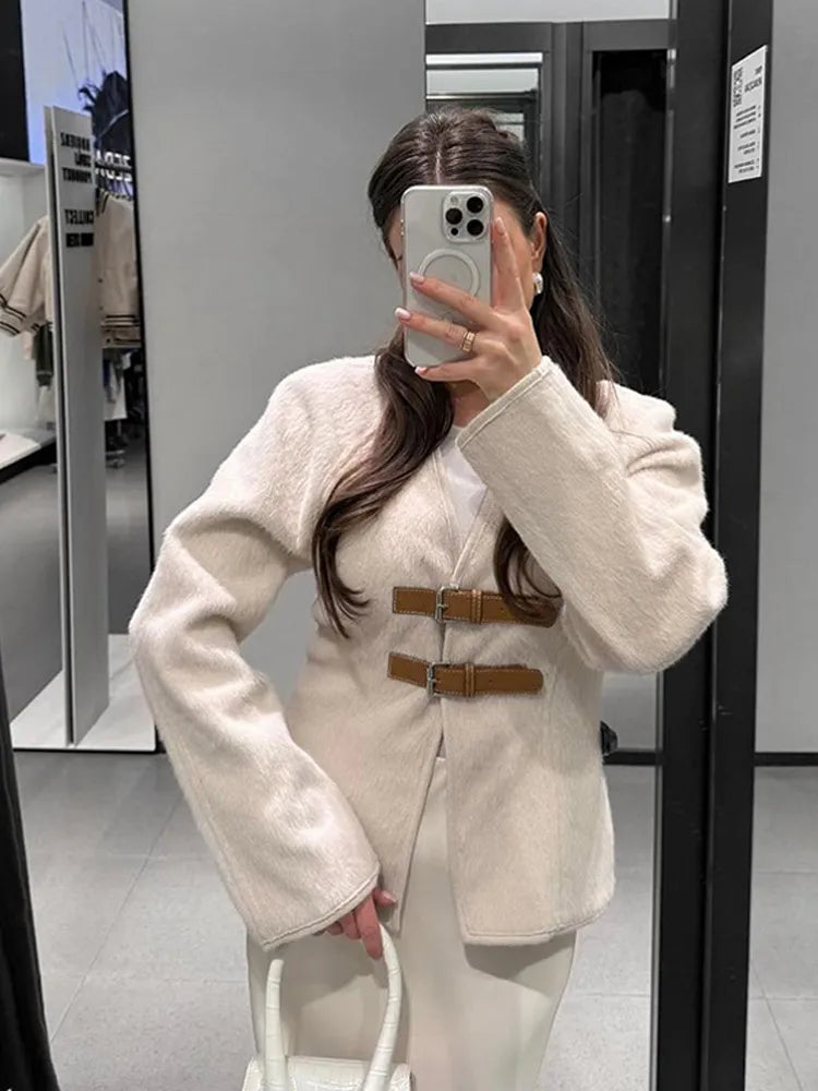Lowest Prices Znbbw Woolen V-neck Jacket Women 2024 Spring Summer Solid Temperament Slim Long Sleeve Buckle Coats Elegant Lady Office Overcoat Lowest Prices Znbbw Woolen V-neck Jacket Women 2024 Spring Summer Solid Temperament Slim Long Sleeve Buckle Coats Elegant Lady Office Overcoat