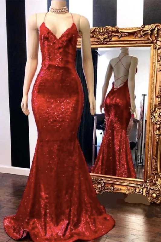 Steals and Deals Sexy Spaghetti Straps V-Neck Mermaid Prom Dress Sequins Red Long
