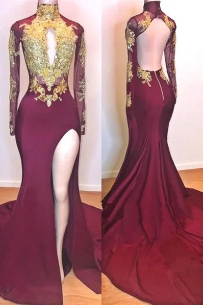 Holiday Sale Burgundy Gold Appliques Long Sleevess Side Slit Open Back Mermaid Prom Dresses Holiday Sale Burgundy Gold Appliques Long Sleevess Side Slit Open Back Mermaid Prom Dresses