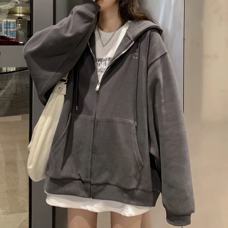 Deal Alert Women Korean Style Hoodies Zip-up Harajuku Oversized Solid Pocket Hooded Sweatshirts Autumn Long Sleeve Loose Baseball Jacket Deal Alert Women Korean Style Hoodies Zip-up Harajuku Oversized Solid Pocket Hooded Sweatshirts Autumn Long Sleeve Loose Baseball Jacket