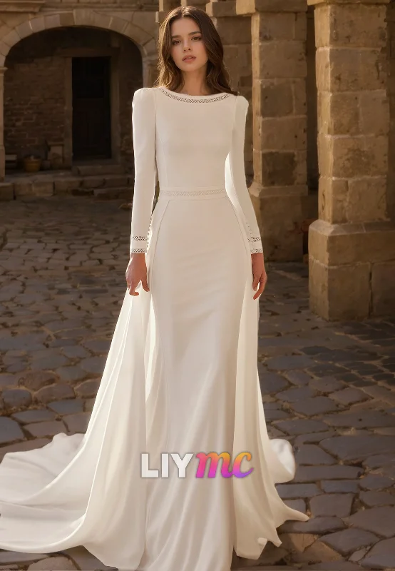 Can't Miss LW876 - Scoop Long Sleeves Sleek Satin Mermaid Long Beach Wedding Dress