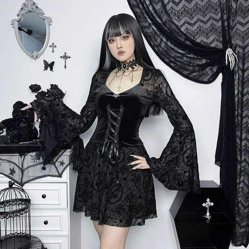Grand Opening Sale Dark Vintage Gothic Velvet Dresses Grunge Punk Style Flocked Bandage Flare Sleeve Party Dress Grand Opening Sale Dark Vintage Gothic Velvet Dresses Grunge Punk Style Flocked Bandage Flare Sleeve Party Dress