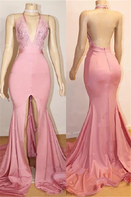 Special Discount Elegant Pink Prom Party Gowns| Backless Lace Evening Gown With Slit Special Discount Elegant Pink Prom Party Gowns| Backless Lace Evening Gown With Slit