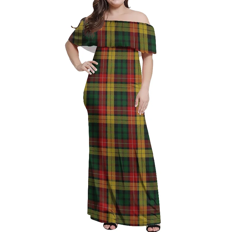 Price Rollback Buchanan Tartan Off Shoulder Long Dress