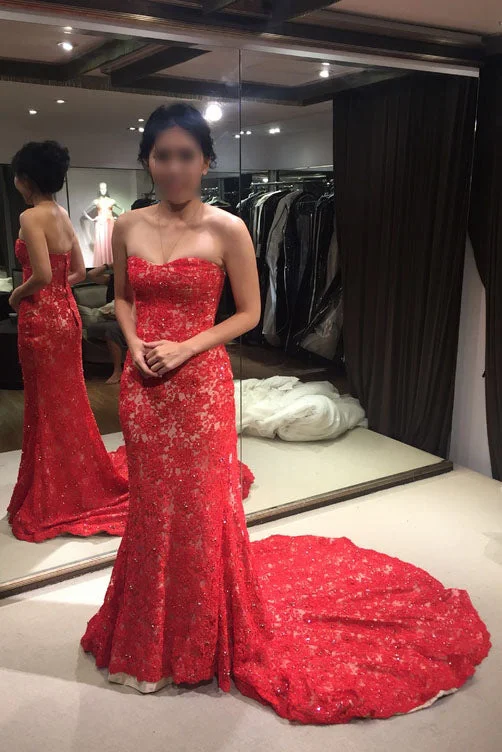 Deal Explosion Red Strapless Trumpet Court Train Lace Evening Dresses N441