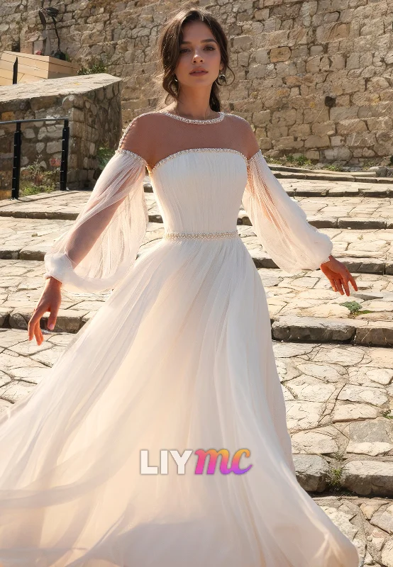 Final Markdown LW086 - A Line Illusion Scoop Long Sleeves Beaded Pleated Tulle Long Wedding Dress