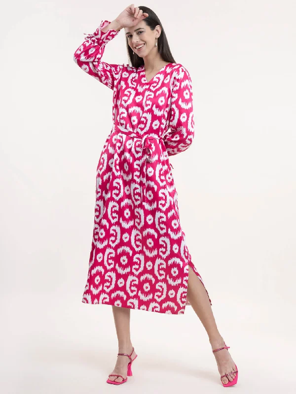 Today's Special Satin A-Line Dress - Fuchsia and White