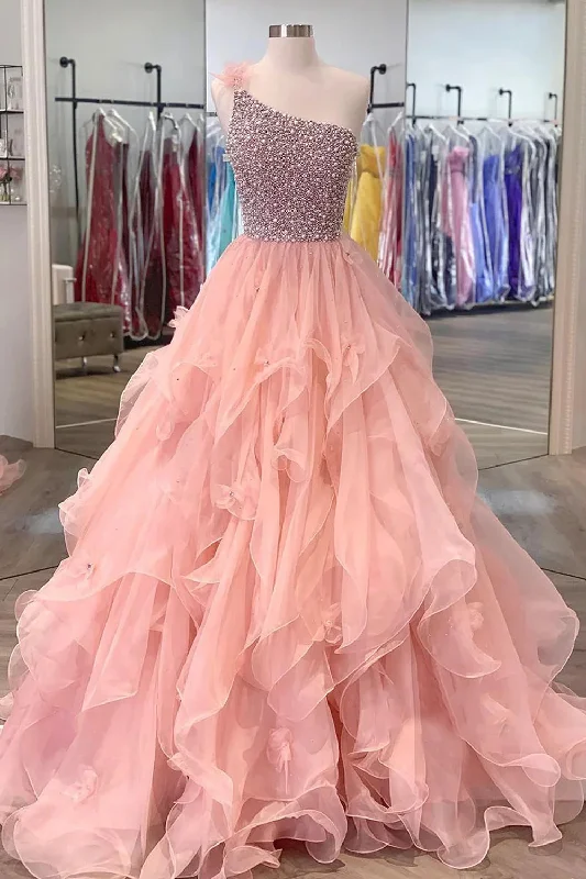 Friends and Family Sale Pink Prom Dress A Line One Shoulder Long Party Evening Dress with Beading Ruffles Friends and Family Sale Pink Prom Dress A Line One Shoulder Long Party Evening Dress with Beading Ruffles