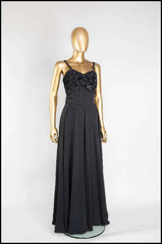 Weekend Deal Vintage 1950s Black Grosgrain Ballgown Dress