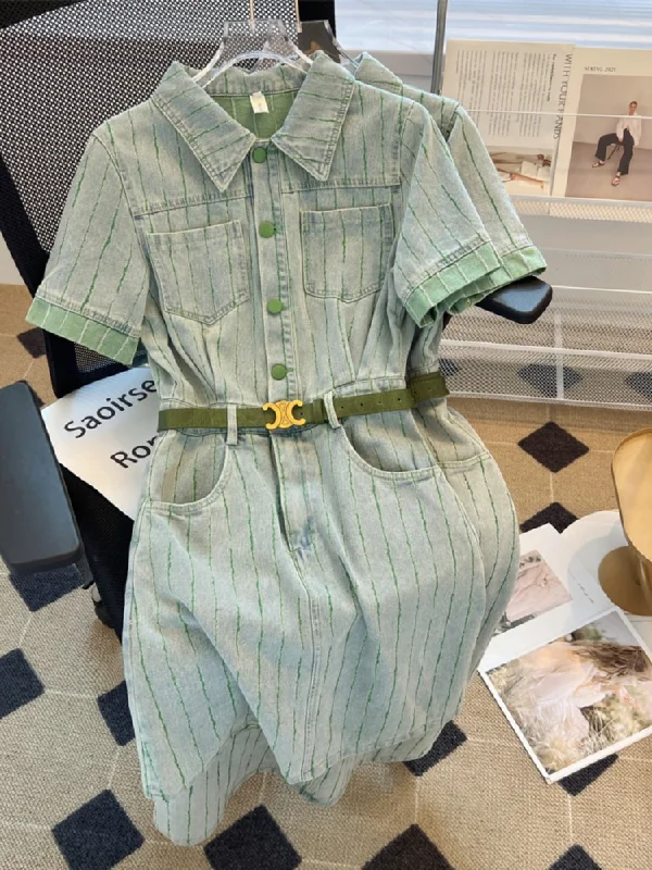 Extra Savings Plus Size Green Short Sleeve Denim Shirt Dress