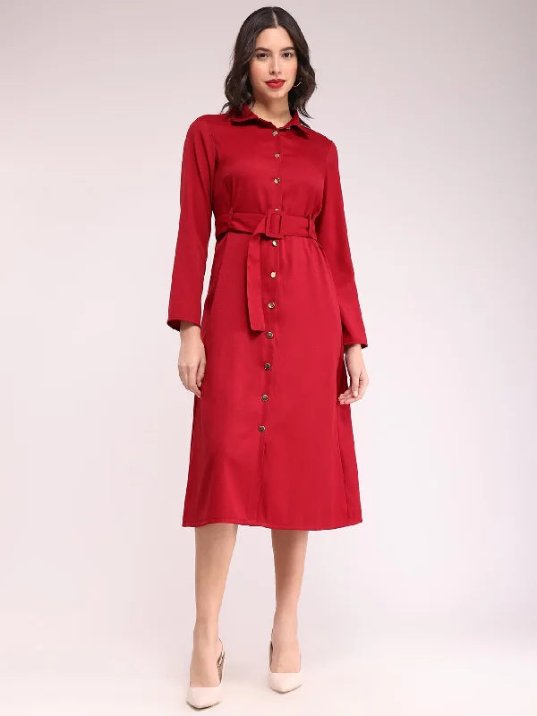 Hurry In Button Down Shirt Dress - Red