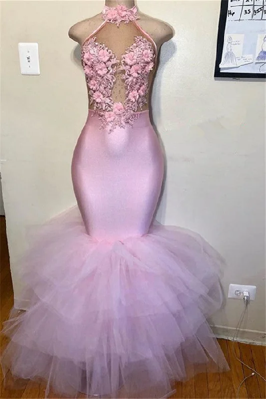 Daily Specials Pink Halter Sleeveless Flower Appliques Tulle Mermaid Prom Party Gowns Daily Specials Pink Halter Sleeveless Flower Appliques Tulle Mermaid Prom Party Gowns