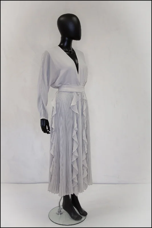 Price Cut Vintage 1980s Dove Grey Pleated Dress