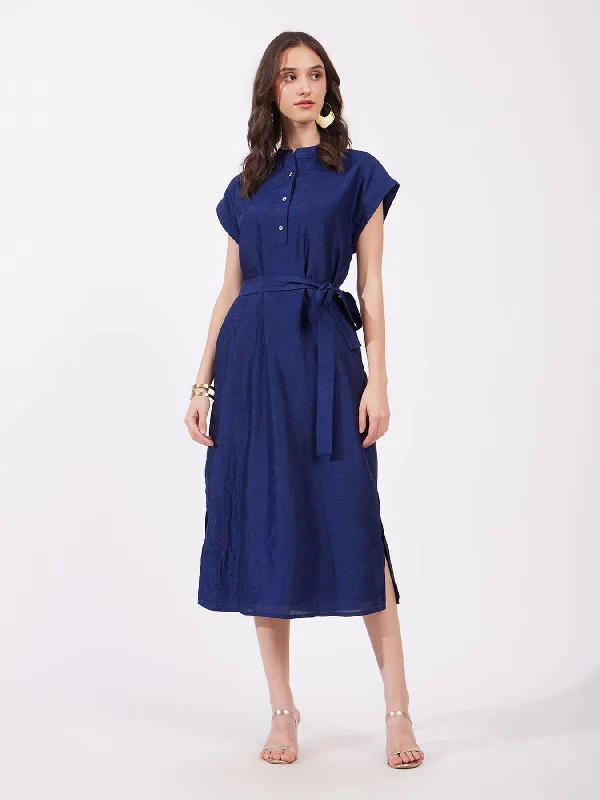 Savings Galore Silk Tie-Up Dress - Navy Blue