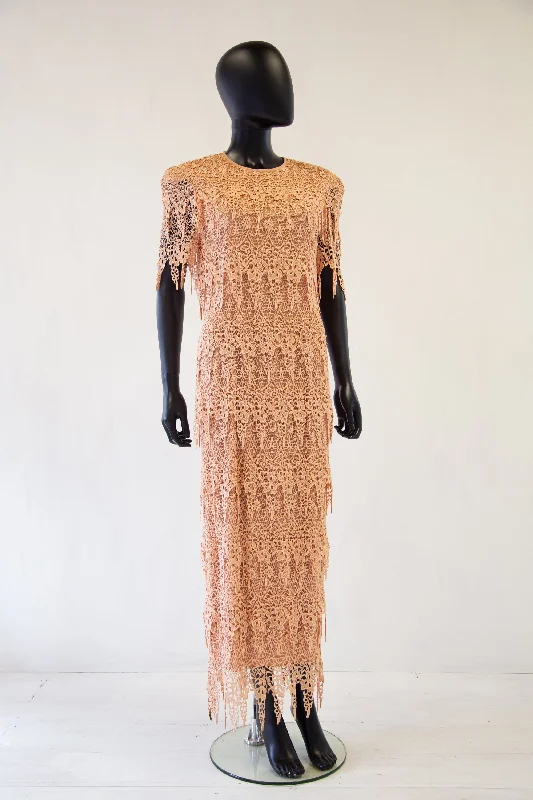Major Savings Vintage 1980s Peach Guipure Lace Tiered Maxi Dress