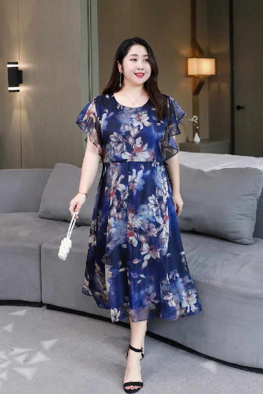 Limited Time Offer (4XL-8XL) Plus Size Blue Floral Chiffon Midi Dress (Extra Big Size)