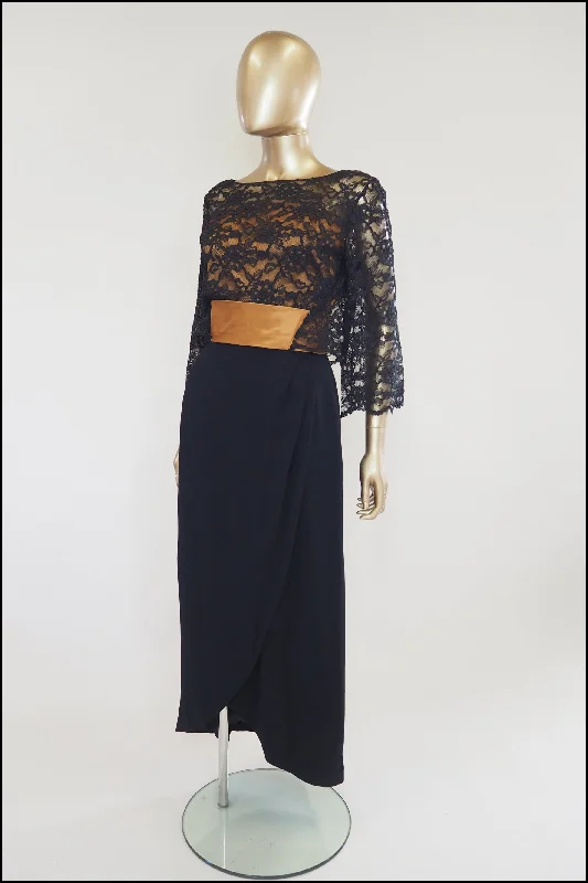 Super Sale Vintage 1980s Black Gold Crepe Maxi Dress
