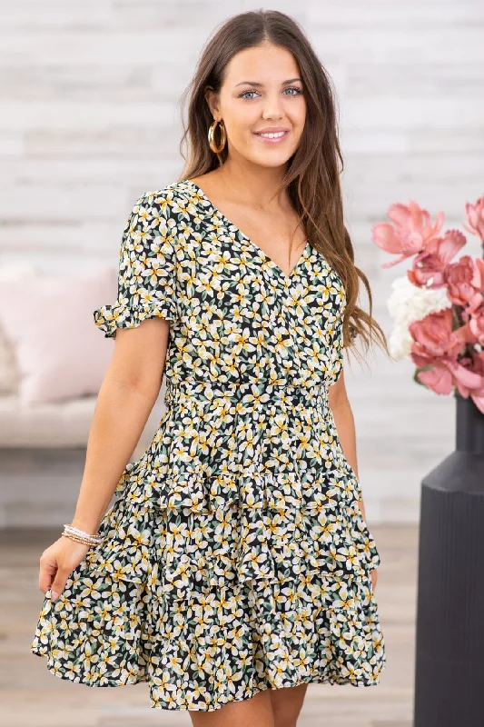 Deep Discounts Black and Yellow Floral Tiered Skirt Dress