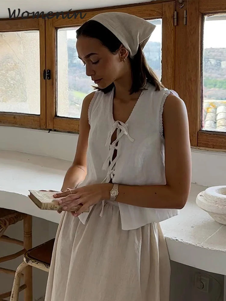 Bonus Savings Znbbw Lace Up Cotton Linen Vest Women Casual V-neck Sleeveless Short Waistcoat 2024 Spring Summer Loose Hollow Out Lady Tank Top