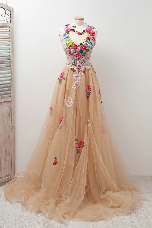 Super Deal A Line Scoop Sleeveless Open Back Appliques Tulle Prom Dress with Hand-Made Flowers Super Deal A Line Scoop Sleeveless Open Back Appliques Tulle Prom Dress with Hand-Made Flowers