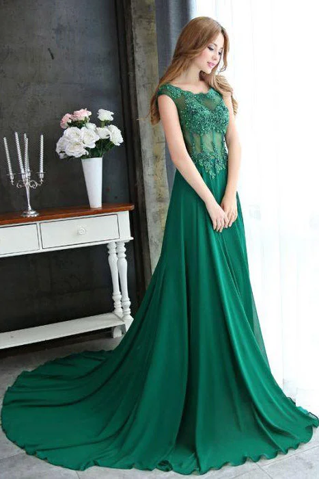Shop and Save A Line Dark Green Cap Sleeve Appliques Chiffon Beading Long Prom Dress N644