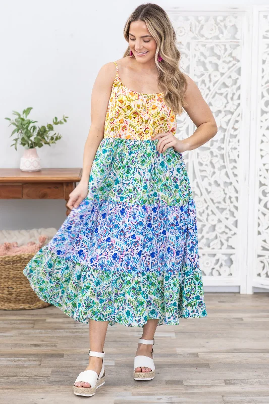 Midnight Madness Emerald Tiered Multicolor Printed Midi Dress