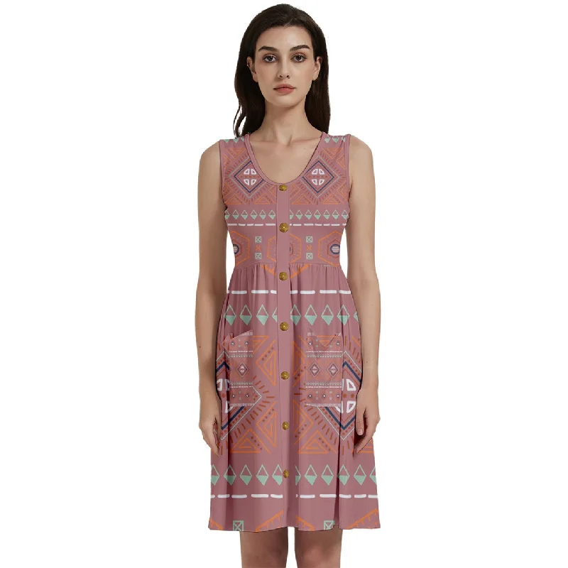 Mega Sale Gold buttons Sleeveless Dress With Pocket - Old Rose